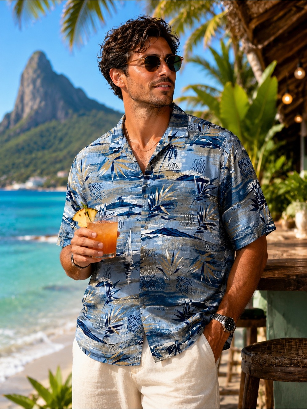 Pierre Cardin Hawaiian Shirt XL Blue Tropical 100% Cotton Korea Camp Shirt